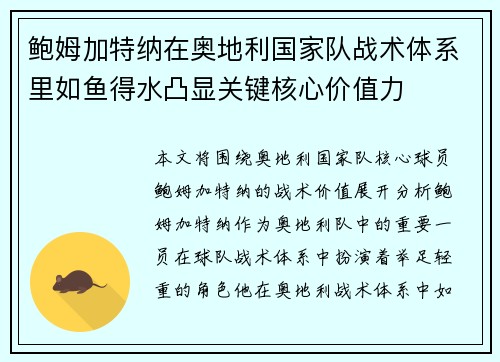 鲍姆加特纳在奥地利国家队战术体系里如鱼得水凸显关键核心价值力